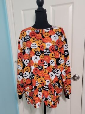 Scrub / Nurse Halloween Pumpkin Print Scrub Jacket  - Orange/Black/White